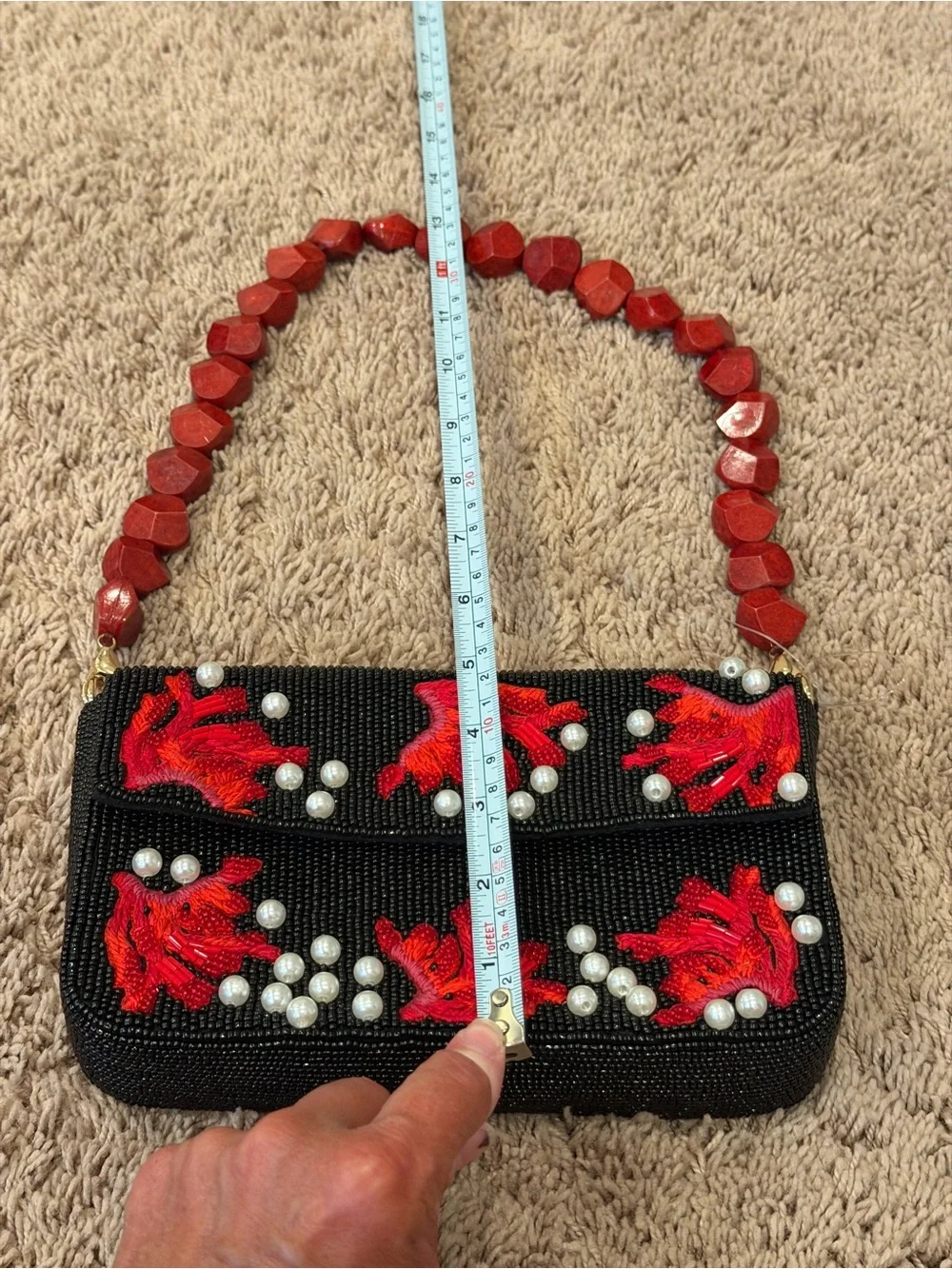 New Beaded shoulder Bag black with red coral white stone handle purse embroidery